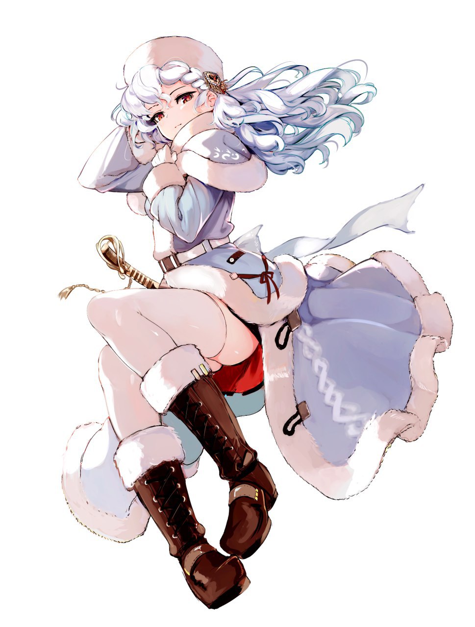 1girl alpha_(alpha_1918) artist_request belt belt_around_waist belt_buckle belted_coat boots buckle capelet coat findoworld floating floating_clothes floating_hair fluffy fluffy_hair from_side fur-trimmed_boots fur-trimmed_capelet fur-trimmed_jacket fur_boots fur_capelet fur_trim fur_trimmed_skirt gloves hair_flowing_over hair_ornament hand_on_own_neck hat highres jacket lace-up lace-up_boots light_smile long_hair long_skirt looking_at_viewer red_eyes red_underskirt russia russian_empire short_cape simple_background skirt sword sword_hilt thighhighs thighs upskirt ushanka weapon white_background white_belt white_gloves white_hair white_ushanka winter winter_clothes winter_coat winter_uniform