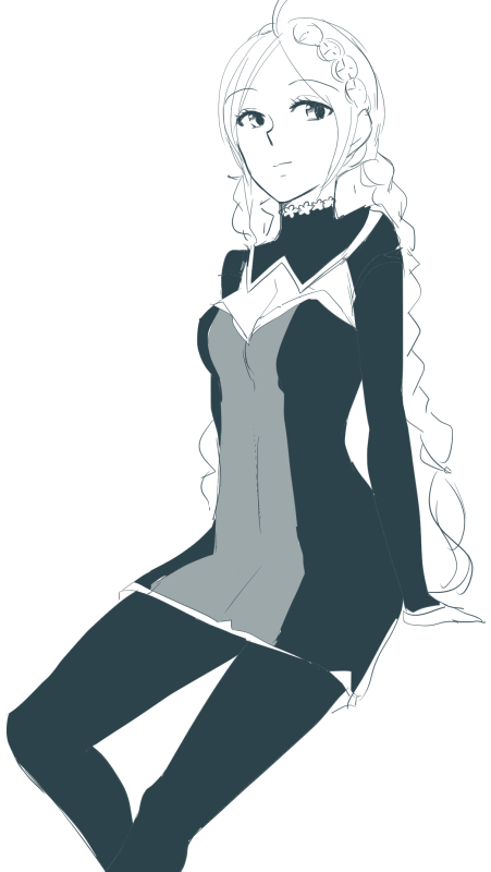 1girl ahoge braid capelet_removed donkuma_kakusei facing_to_the_side fire_emblem fire_emblem_fates hairband looking_at_viewer low_twin_braids monochrome nina_(fire_emblem) nintendo parted_bangs sitting turtleneck twin_braids