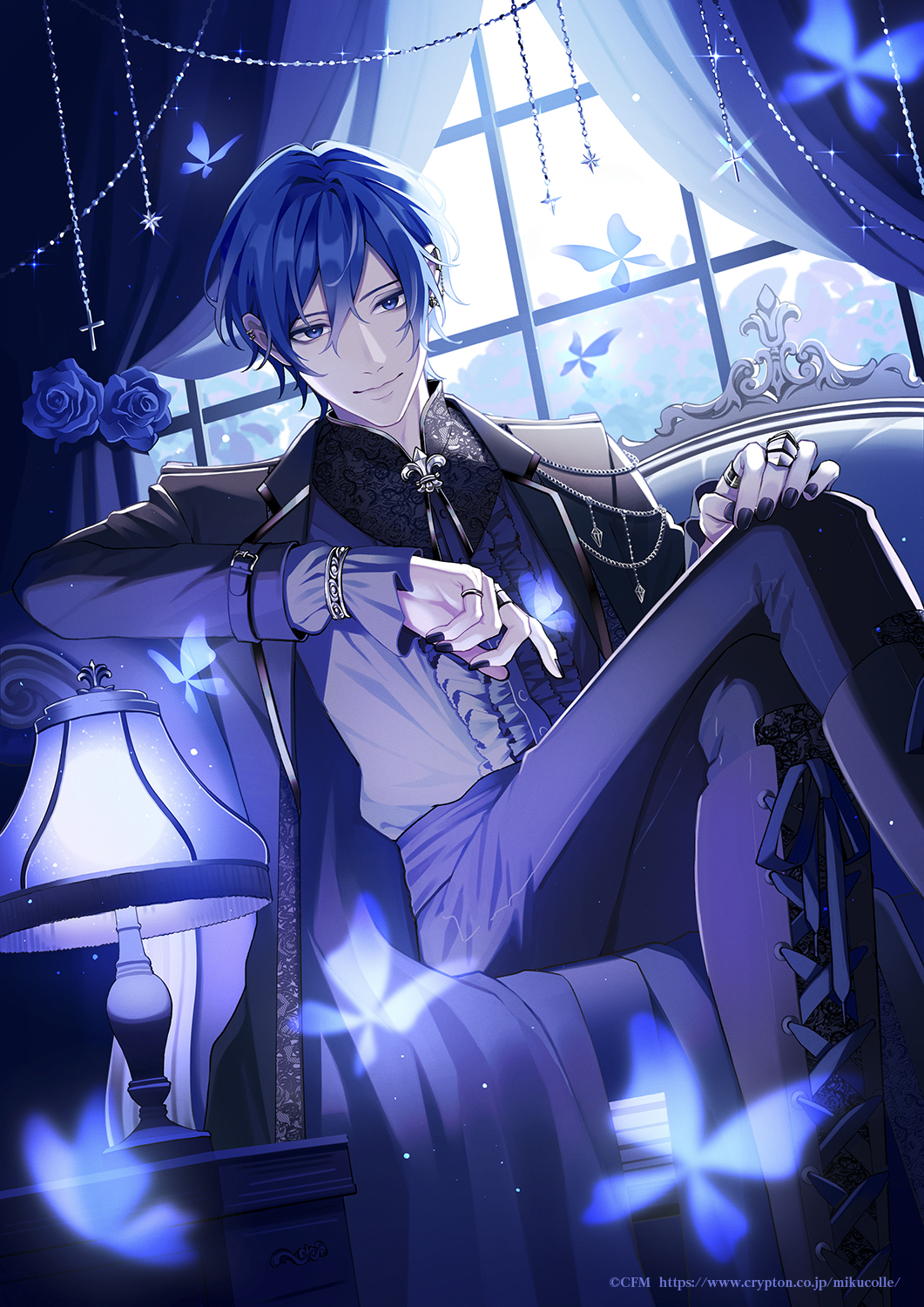 1boy aiguillette backlighting black_boots black_coat black_nails black_pants black_shirt blue_butterfly blue_eyes blue_flower blue_hair blue_rose blue_theme blurry boots bracelet brooch bug bush butterfly buttons center_frills chaise_longue claw_ring closed_mouth coat commentary_request couch cross crossed_legs curtains dark_blue_hair depth_of_field desk_lamp diffraction_spikes drawer dutch_angle ear_chain ear_piercing elbow_rest eyeshadow feet_out_of_frame fingernails floral_print flower frills fringe_trim glint hair_between_eyes hand_on_own_knee high-waist_pants highres indoors insect jewelry kaito_(vocaloid) knee_boots lace-trimmed_boots lace-up_boots lace_trim lamp lapels latin_cross light_particles light_smile linked_piercing long_sleeves looking_at_viewer makeup male_focus mobile multiple_rings nightstand nokuhashi official_art on_couch pants piercing purple_eyeshadow ring rose rose_print see-through_butterfly see-through_clothes shirt shoelaces silver_ring silver_trim sitting striped_clothes striped_pants sunlight tailcoat tsurime vertical-striped_clothes vertical-striped_pants vocaloid window