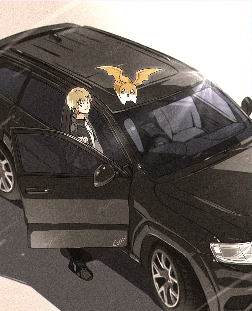 1boy blonde_hair blue_eyes car digimon digimon_(creature) digimon_adventure gdn0522 head_wings highres holding jacket long_sleeves looking_at_viewer motor_vehicle open_mouth patamon shirt short_hair smile takaishi_takeru teeth wings