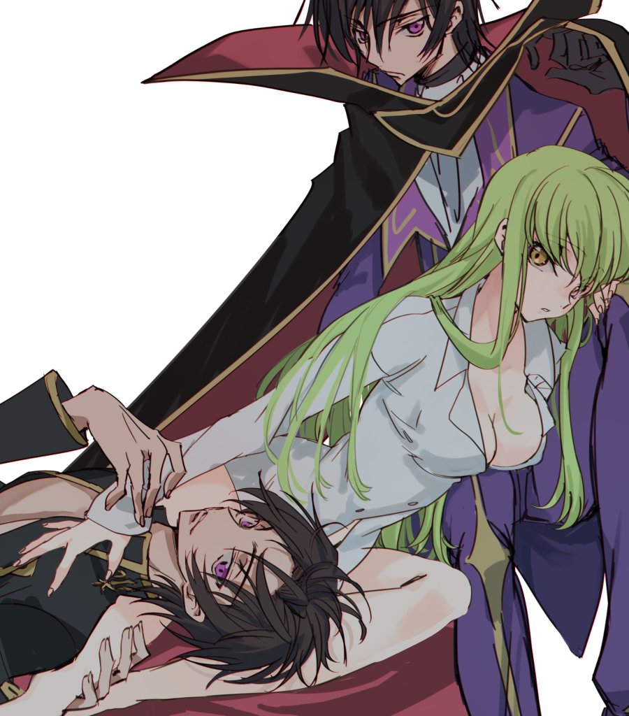 1girl 2boys black_hair breasts c.c. code_geass creayus green_hair lelouch_vi_britannia medium_breasts multiple_boys no_bra purple_eyes shirt sideboob white_shirt