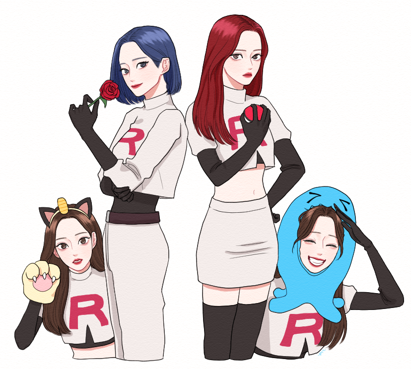 4girls ^_^ belt black_gloves blue_hair bob_cut brown_eyes brown_hair choerry closed_eyes commentary_request cosplay cowboy_shot crop_top doo_twodot elbow_gloves flower gen_1_pokemon gen_2_pokemon gloves hair_behind_ear hand_on_own_hip haseul_(loona) holding holding_flower holding_poke_ball hyunjin_(loossemble) james_(pokemon) james_(pokemon)_(cosplay) jessie_(pokemon) jessie_(pokemon)_(cosplay) korean_commentary long_hair looking_at_viewer loona_(group) meowth meowth_(cosplay) multiple_girls nintendo olivia_hye poke_ball pokemon pokemon_(anime) real_life red_flower red_hair red_rose rose simple_background skirt smile turtleneck white_background white_skirt wobbuffet