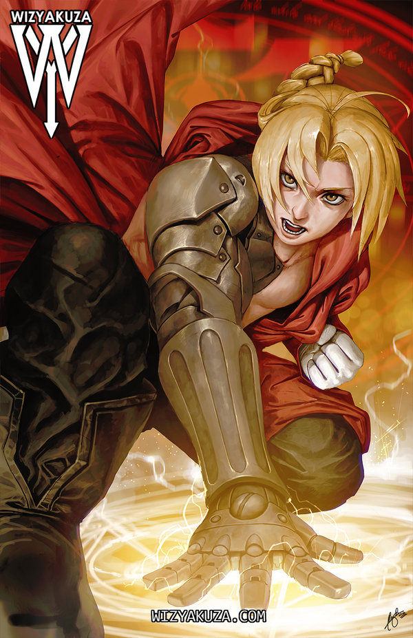 1boy artist_name black_pants blonde_hair boots braid coat edward_elric fullmetal_alchemist hood hooded_coat kneeling looking_at_viewer magic magic_circle male_focus mechanical_arms open_clothes open_mouth pants red_coat single_braid single_mechanical_arm solo topless_male wizyakuza yellow_eyes