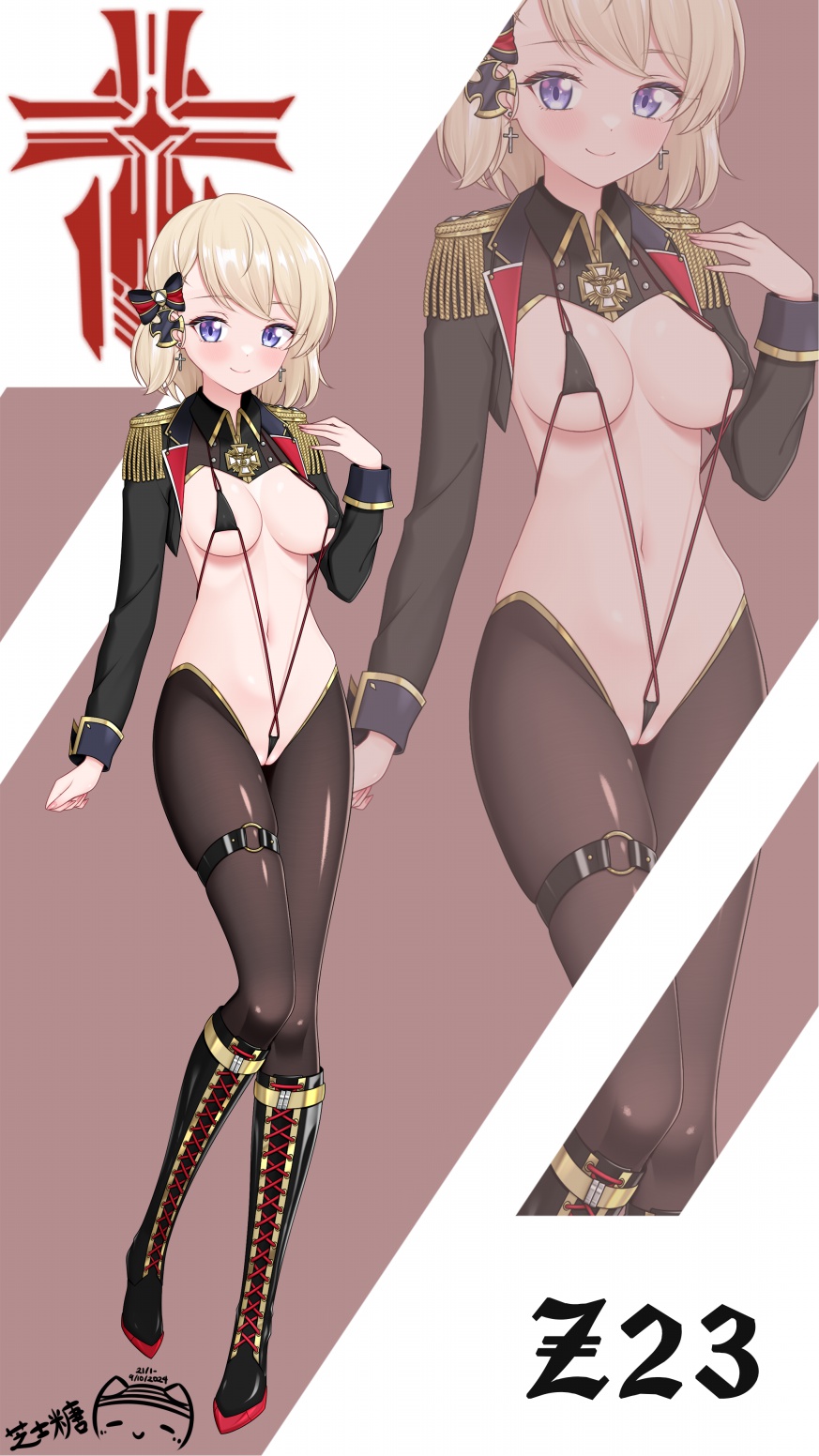 1girl azur_lane belt black_boots boots breasts brown_hair character_name closed_mouth cross cross_earrings earrings epaulettes hand_up highres iron_blood_(emblem) iron_cross jewelry long_sleeves looking_at_viewer medium_breasts navel ppshex purple_eyes revealing_clothes short_hair signature slingshot_swimsuit smile solo stomach swimsuit thigh_belt thigh_strap z23_(azur_lane)