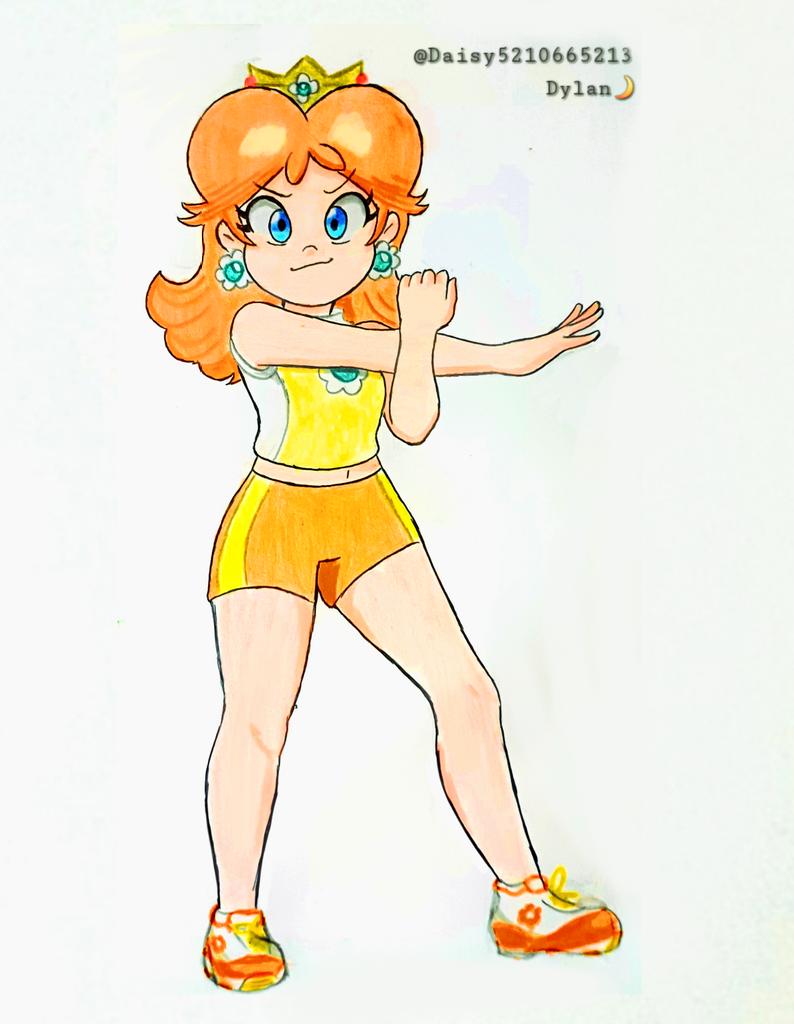 :3 armpits bare_legs brown_hair daisydylan06 earrings flower_earrings jewelry legs mario_&amp;_sonic_(series) mario_&amp;_sonic_at_the_tokyo_2020_olympic_games mario_(series) nintendo orange_shorts princess_daisy sega shirt shoes shorts sneakers sportswear sporty stretching tomboy traditional_media yellow_shirt