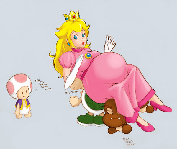 1girl bad_id blonde_hair blue_earrings blue_eyes carrying carrying_person crown dress gloves goomba kidnapped koopa_troopa mario_(series) nintendo olympic-dames pink_dress pink_heels pregnant princess princess_peach royal_treatment surprised toad_(mario) white_gloves