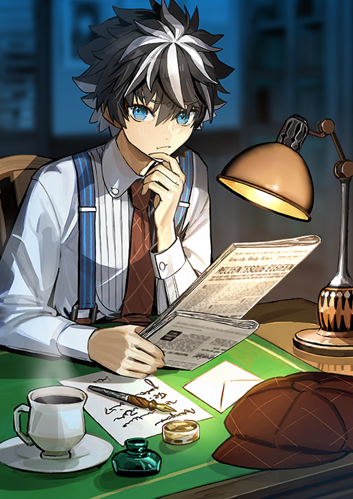 1boy black_hair blue_background blue_eyes blurry blurry_background brown_hat brown_necktie cabbie_hat chair charlemagne_(disguise_costume)_(fate) charlemagne_(fate) closed_mouth collared_shirt cup desk desk_lamp drink envelope fate/grand_order fate_(series) frown game_cg hair_between_eyes hand_on_own_chin hand_rest hand_up hat holding holding_newspaper indoors inkwell lamp long_sleeves male_focus multicolored_hair necktie newspaper nib_pen_(object) official_art paper pen saucer shirt sitting sleeve_cuffs solo spiked_hair steam streaked_hair suspenders thinking third-party_source two-tone_hair unworn_hat unworn_headwear upper_body wada_arco white_hair white_shirt wing_collar