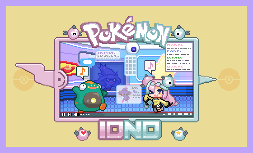 1girl aqua_hair bellibolt gen_1_pokemon gen_4_pokemon gym_leader iono_(pokemon) jacket magnemite mismagius multicolored_hair nintendo one_eye_closed oversized_clothes pink_hair pixel_art pixelated pokemon pokemon_(creature) pokemon_sv redforge rotom rotom_phone speech_bubble sprite stream yellow_jacket