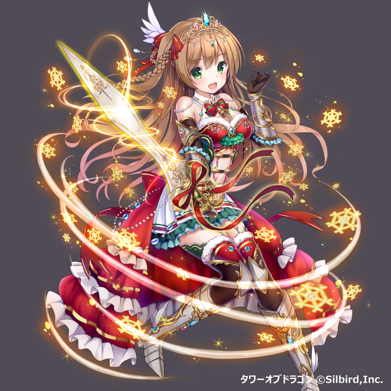 1girl :d armor armored_boots bad_id bad_pixiv_id bare_shoulders bell black_background black_gloves boots braid breasts brown_hair christmas cleavage company_name detached_collar elbow_gloves female_focus frills gloves glowing green_eyes hair_ribbon holding holding_sword holding_weapon jingle_bell knee_boots knees_together_feet_apart large_breasts long_hair one_side_up open_mouth outstretched_arm ribbon sakura_honoka_(srhk0623) simple_background skirt smile snowflakes solo sword tiara tower_of_dragon very_long_hair watermark weapon