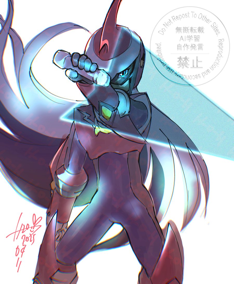 1boy armor assault_visor black_bodysuit blue_eyes bodysuit cowboy_shot cross_fusion dated energy_sword eugene_chaud_(mega_man) h2o_(gueguecamp) helmet holding holding_sword holding_weapon long_hair male_focus mega_man_(series) mega_man_battle_network_(series) mega_man_zero_(series) protoman.exe red_armor red_helmet signature simple_background solo sword weapon white_background z_saber