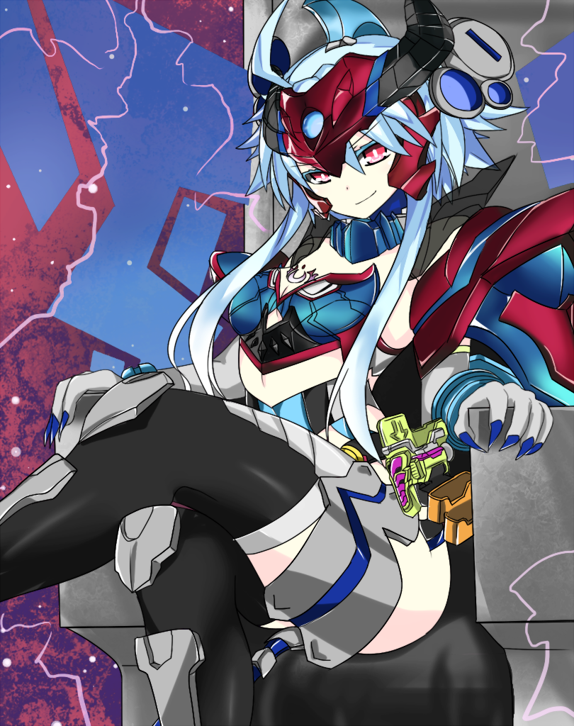 1girl bad_id bad_pixiv_id blanc_(neptunia) blue_hair blue_nails clothing_cutout crossed_legs female_focus fingernails kamen_rider kamen_rider_brave kamen_rider_ex-aid_(series) long_fingernails looking_at_viewer nail_polish navel_cutout neptune_(series) red_eyes rider_gashat sharp_fingernails short_hair_with_long_locks sitting solo taddle_fantasy_level_50 thighhighs throne white_heart_(neptunia)