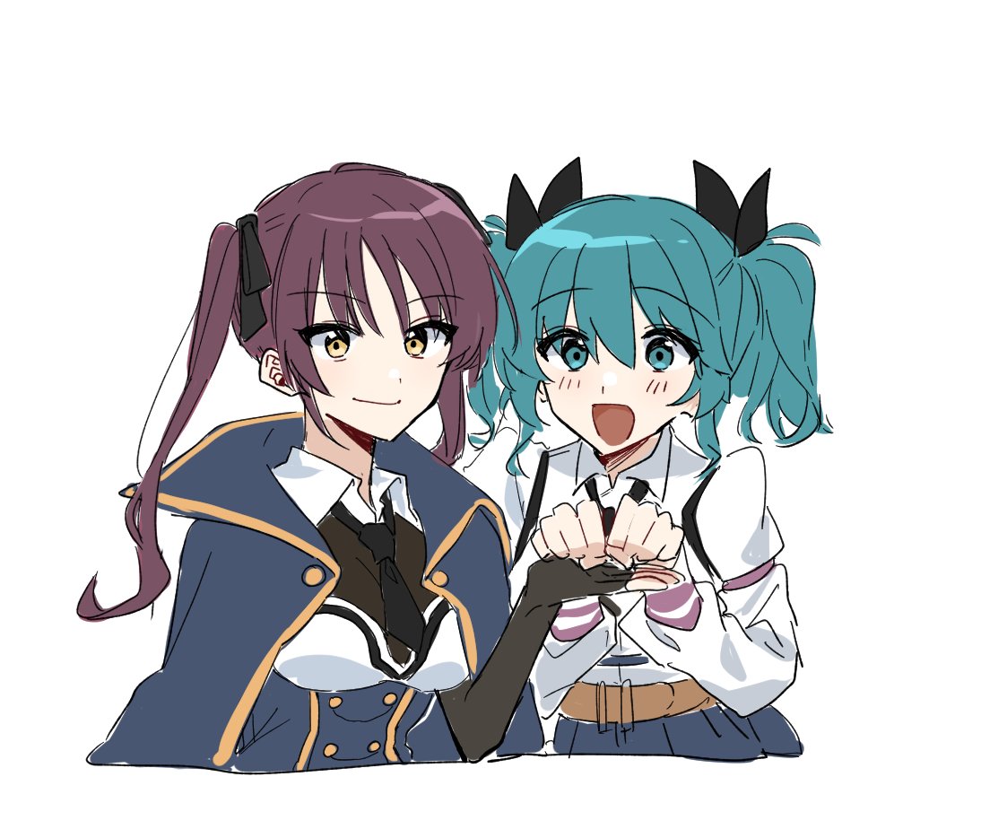 2girls :d actor_connection aqua_eyes aqua_hair assault_lily belt black_gloves black_necktie black_ribbon blue_cloak blue_shirt blue_skirt blush bodystocking breasts brown_belt cloak closed_mouth collared_shirt commentary_request cropped_torso danji_bang elbow_gloves gloves hair_between_eyes hair_ribbon hand_up hands_up hayashida_mahiro hishida_haru juliet_sleeves korean_commentary long_hair long_sleeves looking_at_viewer medium_breasts medium_hair multiple_girls necktie odaiba_girls_high_school_uniform open_mouth paw_pose photo-referenced puffy_sleeves purple_hair ribbon school_uniform shiraishi_mayumi shirt short_necktie simple_background skirt smile suzuki_chinami twintails two-tone_shirt upper_body white_background white_shirt yellow_eyes