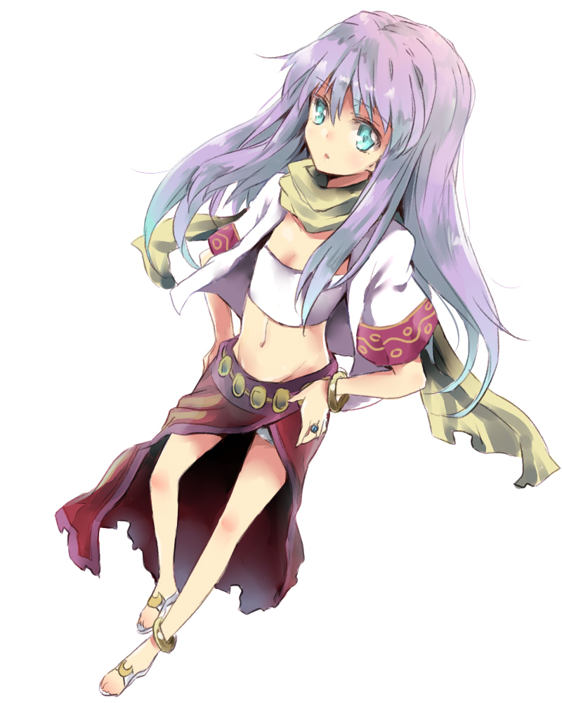 00s 1girl aqua_eyes bracelet female_focus flat_chest hand_on_own_hip hip_focus jewelry maromi_(am97) mashiro_blan_de_windbloom midriff my-otome navel purple_hair ring scarf solo strapless tube_top