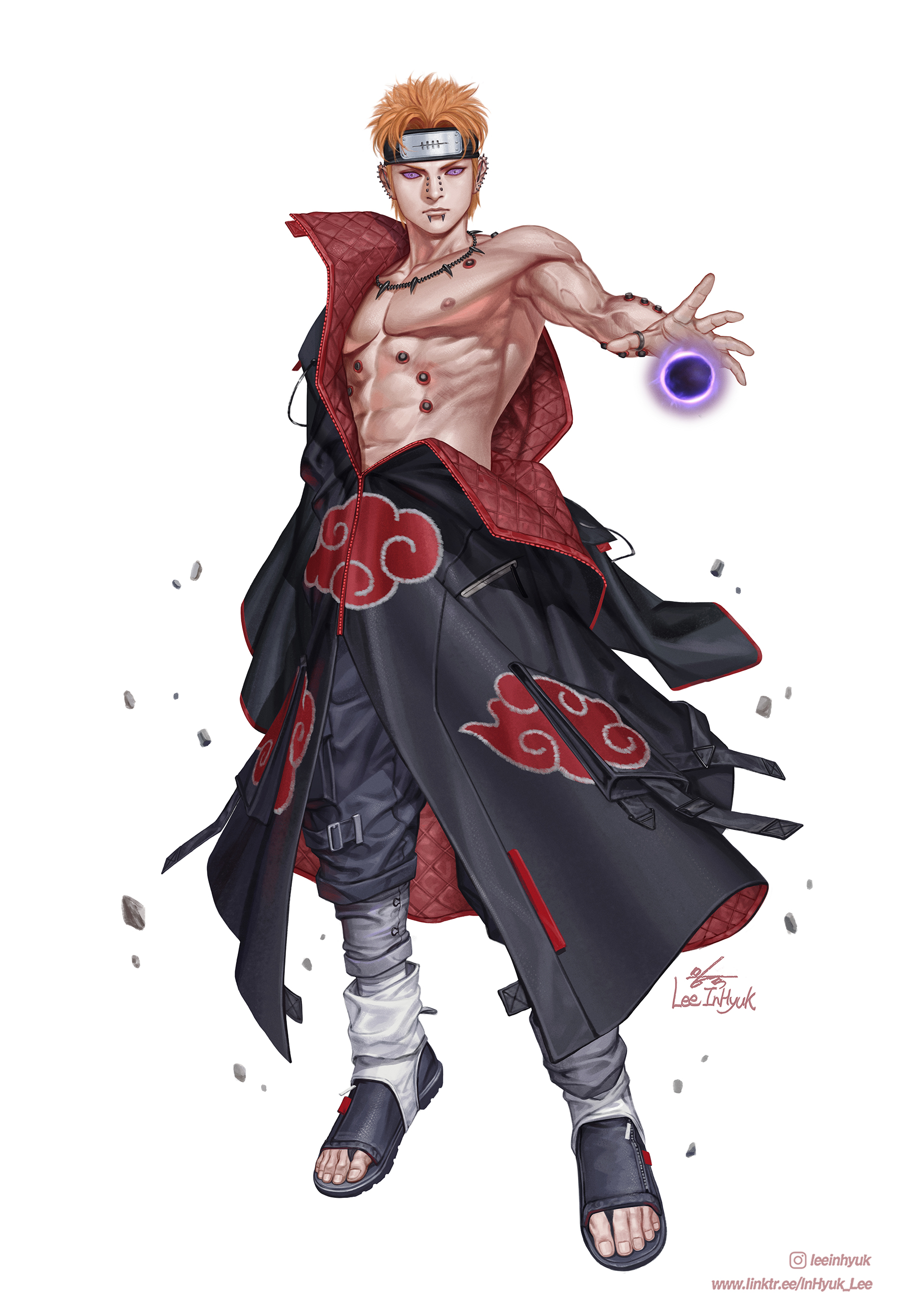 1boy abs absurdres akatsuki_uniform amegakure_symbol black_coat black_pants coat ear_piercing forehead_protector full_body highres in-hyuk_lee jewelry male_focus multiple_piercings muscular muscular_male naruto_(series) naruto_shippuuden necklace nipples nose_piercing orange_hair pain_(naruto) pants piercing ring rinnegan sandals short_hair solo standing veins veiny_arms white_background