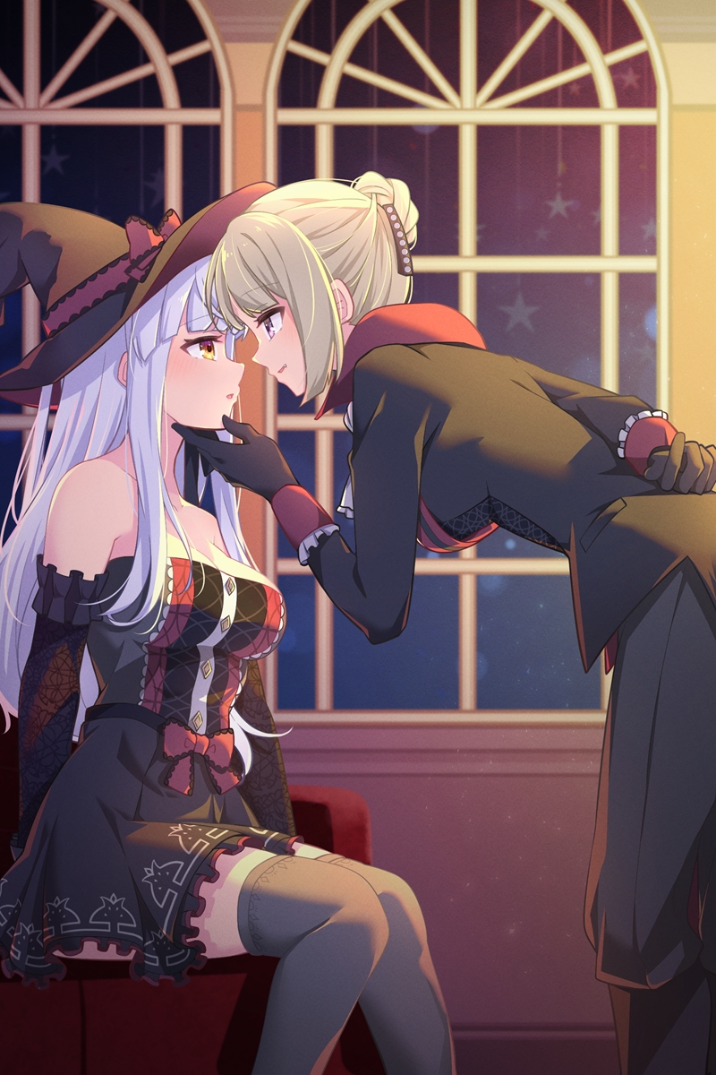 2girls arm_at_side arm_behind_back assault_lily bare_shoulders black_dress black_gloves black_headwear black_jacket black_pants black_thighhighs blonde_hair bow braid breasts chair commentary_request commission dress dress_bow elbow_gloves eye_contact face-to-face feet_out_of_frame frilled_dress frilled_gloves frilled_sleeves frills from_behind gloves grey_hair hair_ornament halloween_costume hand_on_another&#039;s_chin hands_up hat hat_bow highres indoors jacket knees_together_feet_apart kon_kanaho leaning_forward light_smile long_hair long_sleeves looking_at_another medium_breasts miyagawa_takane morugen multiple_girls night official_alternate_costume official_alternate_hairstyle on_chair pants parted_lips profile purple_eyes red_bow short_hair sidelocks single_braid sitting skeb_commission strapless strapless_dress thighhighs window witch_hat yellow_eyes yuri zettai_ryouiki