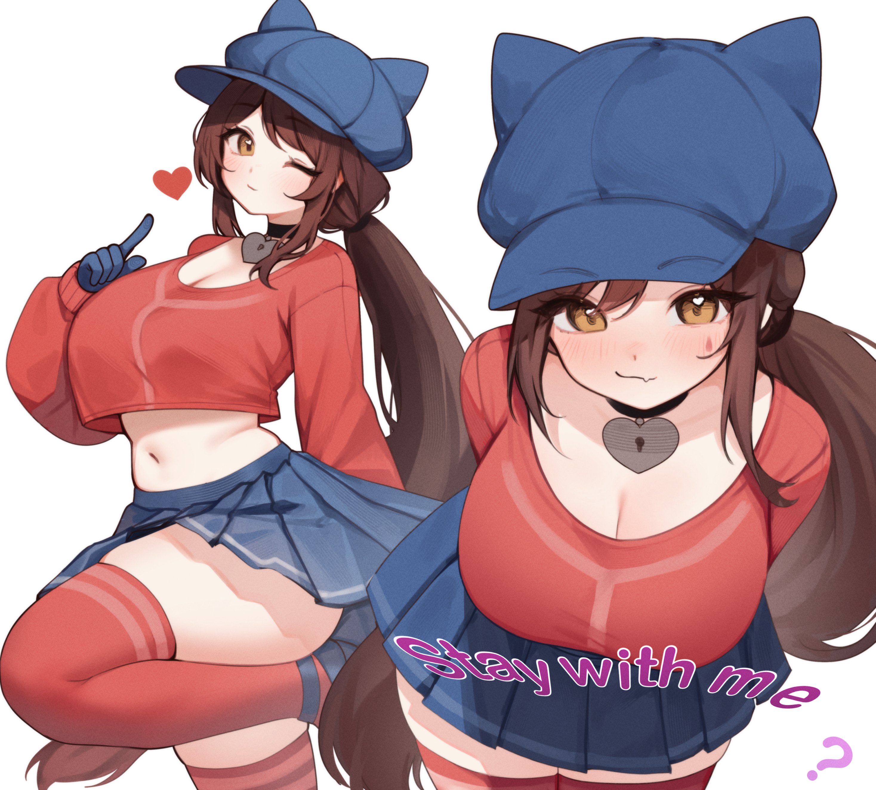 1girl absurdres animal_ear_headwear animal_ears blue_hat blue_skirt breasts brown_hair cool_mita_(miside) cosplay fake_animal_ears hat highres indie_virtual_youtuber large_breasts long_hair long_sleeves looking_at_viewer miside mita_(miside) pleated_skirt red_thighhighs skirt sky_above_me sky_above_me_(vtuber) smile solo teardrop_facial_mark thighhighs very_long_hair virtual_youtuber