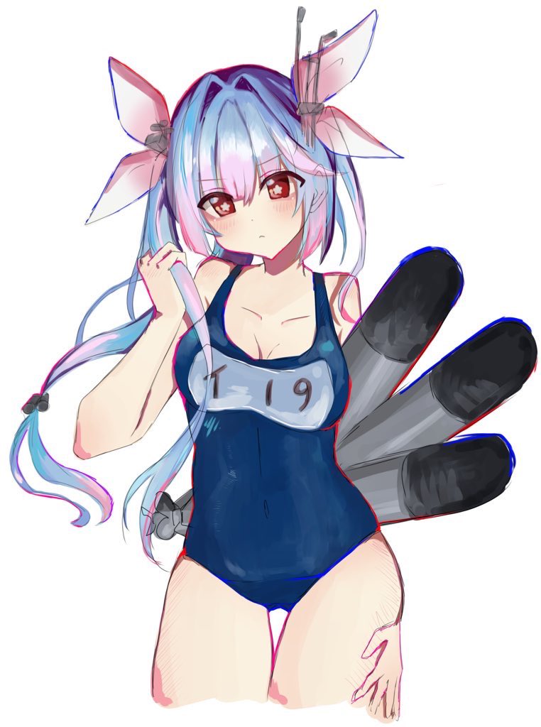 1girl blue_hair breasts cowboy_shot flower-shaped_pupils gluteal_fold hair_ornament hair_ribbon holding holding_torpedo i-19_(kancolle) kantai_collection large_breasts long_hair looking_at_viewer name_tag one-piece_swimsuit open_mouth r_you_yabai red_eyes ribbon school_swimsuit smile solo swimsuit symbol-shaped_pupils torpedo twintails white_background