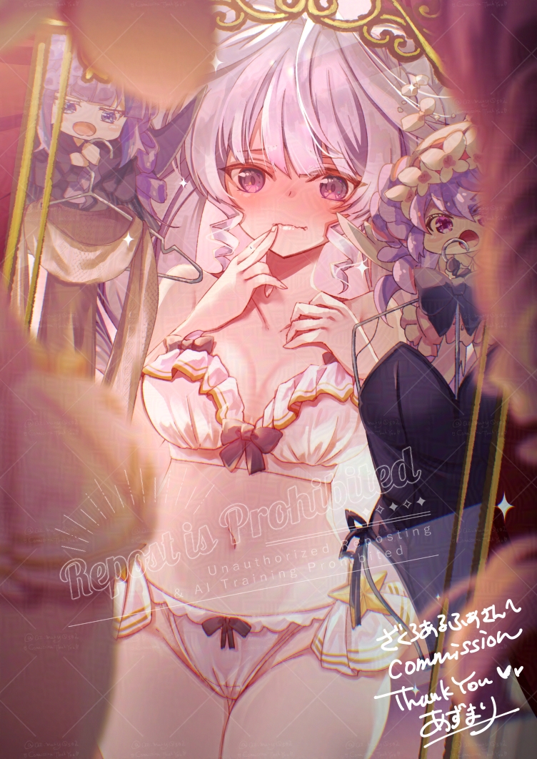3girls angel angel_wings angello_vaalmonica az_(colorb05) black_leotard blush bra changing_clothes closed_mouth clothes_hanger commission demon_girl demon_horns demon_wings dimonno_vaalmonica duel_monster finger_to_mouth frilled_bra frilled_panties frills holding holding_clothes_hanger horns leotard midriff multiple_girls navel panties purple_eyes purple_hair selettrice_vaalmonica thighs underwear white_bra wings yu-gi-oh!
