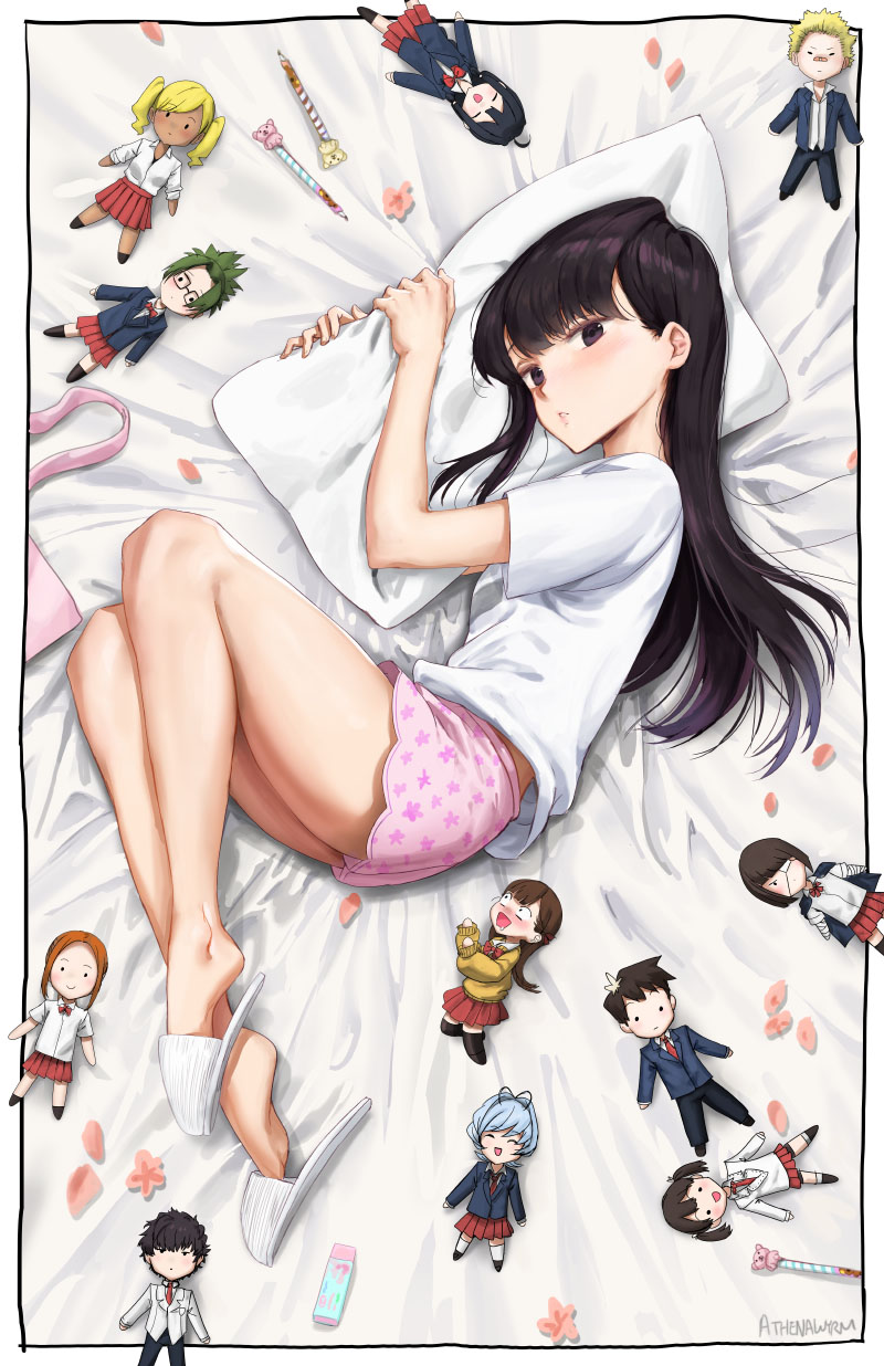 1girl ^_^ agari_himiko ass athenawyrm bag bare_legs black_eyes black_hair black_pants black_slippers blanket blazer blonde_hair blue_hair blush border cardigan character_doll character_request closed_eyes dark-skinned_female dark_skin doll eraser eyepatch female_focus floral_print from_above glasses green_hair highres jacket katai_makoto komi-san_wa_komyushou_desu komi_shouko komi_shousuke long_hair looking_at_another looking_at_viewer lying manbagi_rumiko nakanaka_omoharu naughty_face necktie on_side onemine_nene open_mouth orange_hair osana_najimi_(komi-san_wa_komyushou_desu) otori_kaede outside_border pants parted_bangs parted_lips pencil petals pillow pleated_skirt red_necktie school_uniform shirt short_shorts shorts skirt slippers solo swept_bangs t-shirt tadano_hitohito tadano_hitomi twintails white_border white_shirt white_slippers yamai_ren
