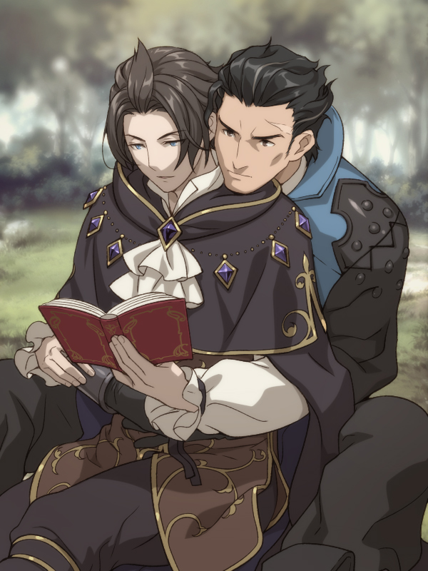2boys arms_around_waist ascot black_cloak black_gloves black_hair black_pants blue_eyes blurry blurry_background book brown_eyes brown_hair brown_pants brown_vest bush cheekbones cloak commentary_request couple cyrus_albright forest gem gloves gold_trim hair_slicked_back head_on_another&#039;s_shoulder holding holding_book hug hug_from_behind male_focus multiple_boys nature octopath_traveler octopath_traveler_i olberic_eisenberg on_grass open_mouth outdoors pants parted_bangs purple_gemstone reading scar scar_on_face scar_on_forehead shikimiorange shirt short_hair sitting tree vest white_ascot white_shirt yaoi