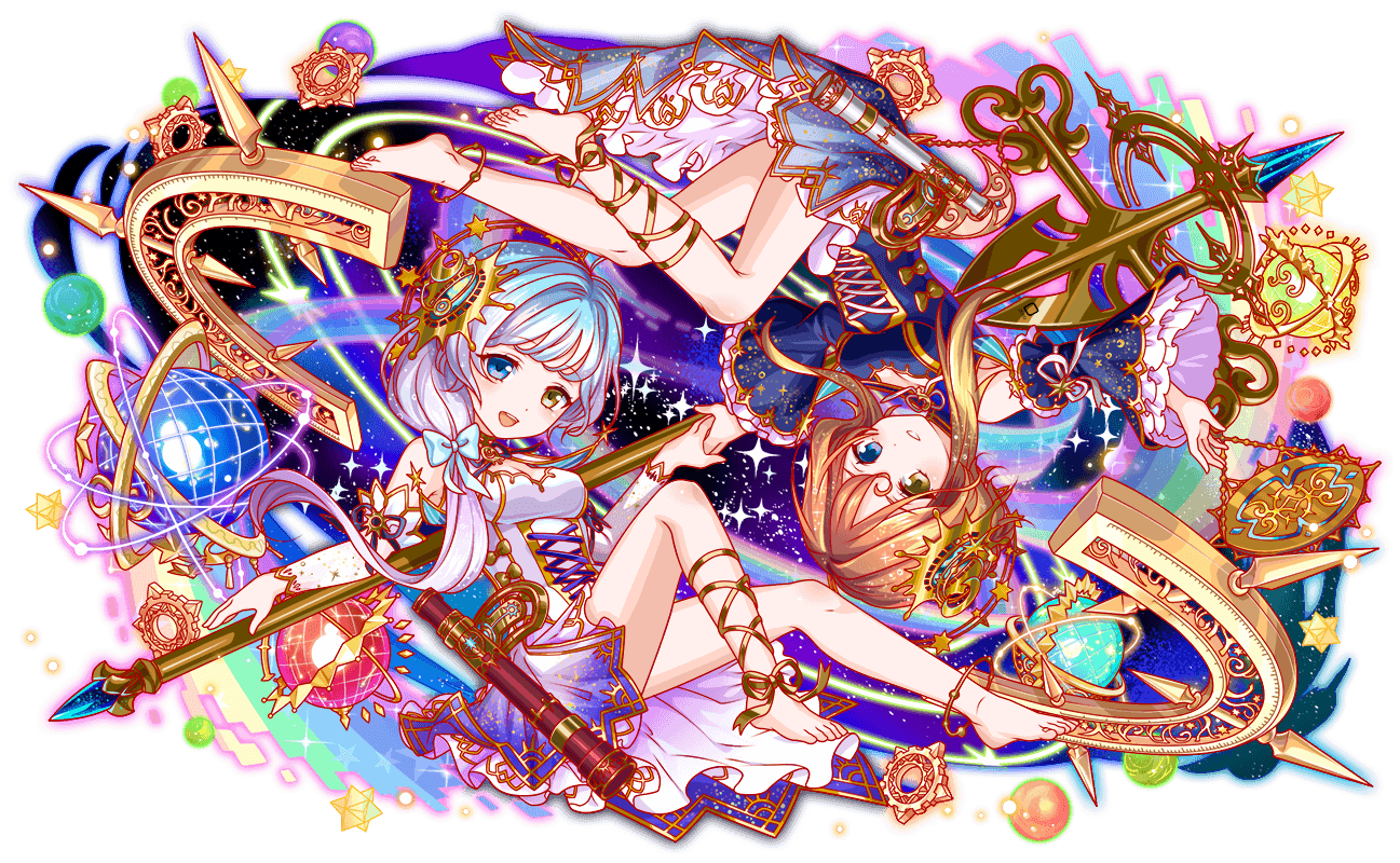 2girls adapted_costume alternate_costume anime_coloring anklet aqua_bow aqua_eyes aqua_hair armpit_crease artist_request bare_shoulders barefoot black_ribbon blonde_hair blue_collar blue_dress blue_outline blue_sleeves bow breasts cleavage closed_mouth collar colored_tips crash_fever cross-laced_clothes cross-laced_dress cross-laced_legwear detached_collar detached_sleeves dress dress_bow frilled_sleeves frills full_body galilei_(crash_fever) galileo_(crash_fever) game_cg gears gold_anklet gold_trim gradient_clothes gradient_dress gradient_hair green_outline hair_bow hair_ornament heterochromia high-low_dress holding_hands jewelry layered_sleeves light_blush light_brown_hair long_hair long_sidelocks long_sleeves looking_at_viewer mandarin_collar medium_breasts multicolored_hair multiple_girls neck_ribbon number_print numbered octagram official_alternate_costume official_art open_mouth outline oversized_object petticoat planet print_dress print_sleeves rainbow red_outline ribbon short_dress short_hair short_hair_with_long_locks side_ponytail sidelocks single_bare_leg skinny sleeve_ribbon space sparkle square square_print staff star_(sky) star_(symbol) star_ornament star_print tachi-e teeth telescope thighhighs third-party_source toenails toes transparent_background two-sided_collar two-tone_hair upper_teeth_only upside-down very_long_hair white_collar white_dress white_hair white_outline white_petticoat white_ribbon white_sleeves wide_sleeves yellow_bow yellow_eyes yellow_outline yellow_ribbon zettai_ryouiki