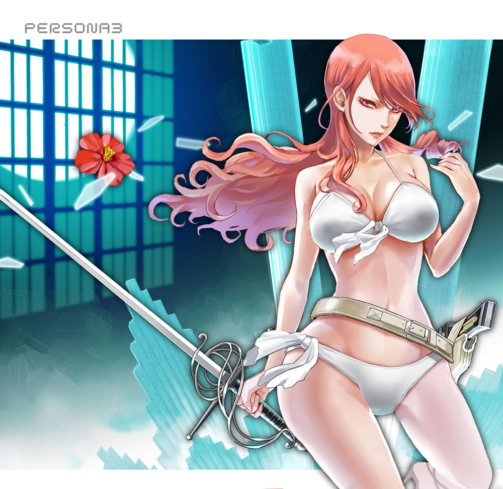1girl atlus belt belt_skirt bikini breasts brown_eyes brown_hair crossdraw_holster dan_(toupe) female_focus flower front-tie_top gun hip_focus kirijou_mitsuru large_breasts persona persona_3 rapier side-tie_bikini_bottom solo swimsuit sword weapon white_bikini wide_hips