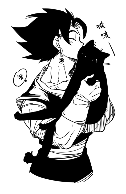 1boy animal black_cat black_hair cat closed_eyes dougi dragon_ball earrings gloves greyscale holding holding_animal holding_cat jewelry jiajiajiajiaa kiss kissing_animal monochrome potara_earrings vegetto