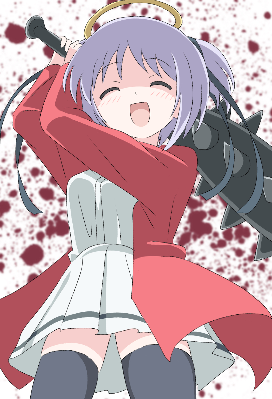1girl :d ^_^ arms_up black_ribbon black_thighhighs blood blood_splatter blush bokusatsu_tenshi_dokuro-chan closed_eyes club club_(weapon) commentary_request cowboy_shot excalibolg facing_viewer grey_hair hair_ribbon halo highres holding holding_weapon incoming_attack jacket long_ribbon long_sleeves mitsukai_dokuro open_clothes open_jacket open_mouth red_jacket ribbon shaded_face shirt short_hair silky_(silky_illust) simple_background skirt smile solo spiked_club thighhighs twintails weapon white_background white_shirt white_skirt yellow_halo zettai_ryouiki
