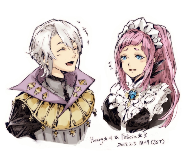 1boy 1girl apron blue_eyes closed_eyes felicia_(fire_emblem) fire_emblem fire_emblem_awakening fire_emblem_fates henry_(fire_emblem) high_ponytail hotate_rayan maid maid_apron maid_headdress nintendo open_mouth pink_hair ponytail white_hair