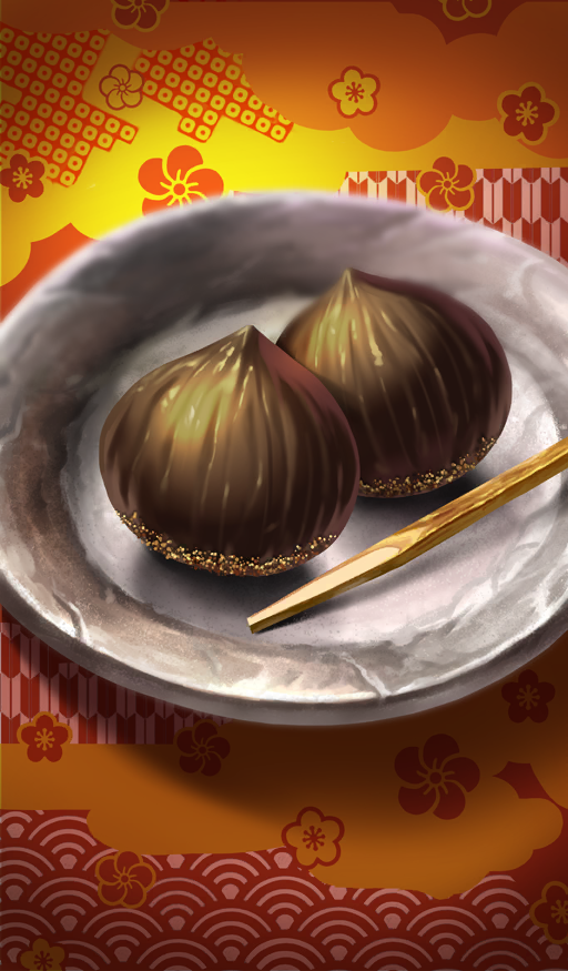 beppu_mitsunaka chestnut chocolate commentary fate/grand_order fate_(series) floral_background food food_focus no_humans official_art orange_background plate still_life third-party_source vignetting
