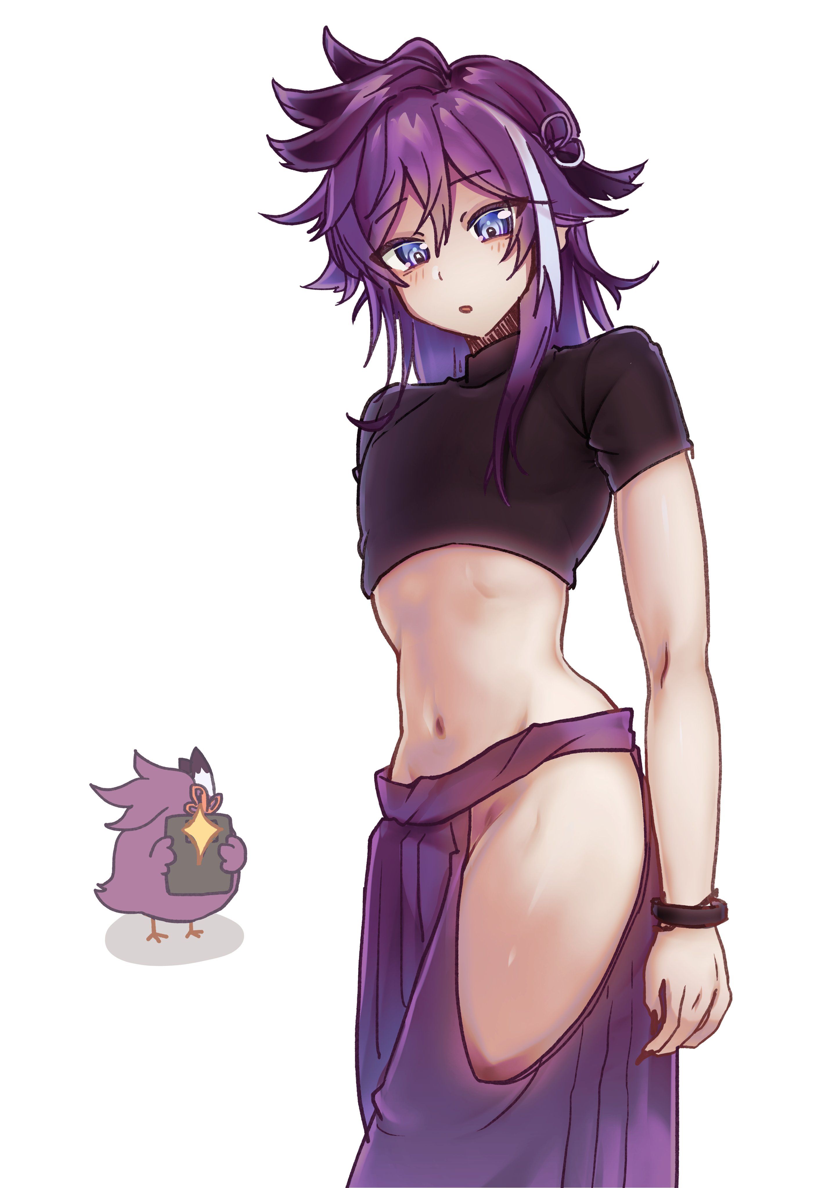 1boy :o absurdres banzoin_hakka black_shirt blue_eyes bracelet commentary cowboy_shot cropped_shirt english_commentary groin hair_between_eyes hakama hakkito_(banzoin_hakka) highres hip_vent holding holding_phone holostars japanese_clothes jewelry looking_down male_focus midriff multicolored_hair navel ogyuu_art phone purple_hair purple_hakama shirt simple_background solo streaked_hair taking_picture trap virtual_youtuber white_background white_hair