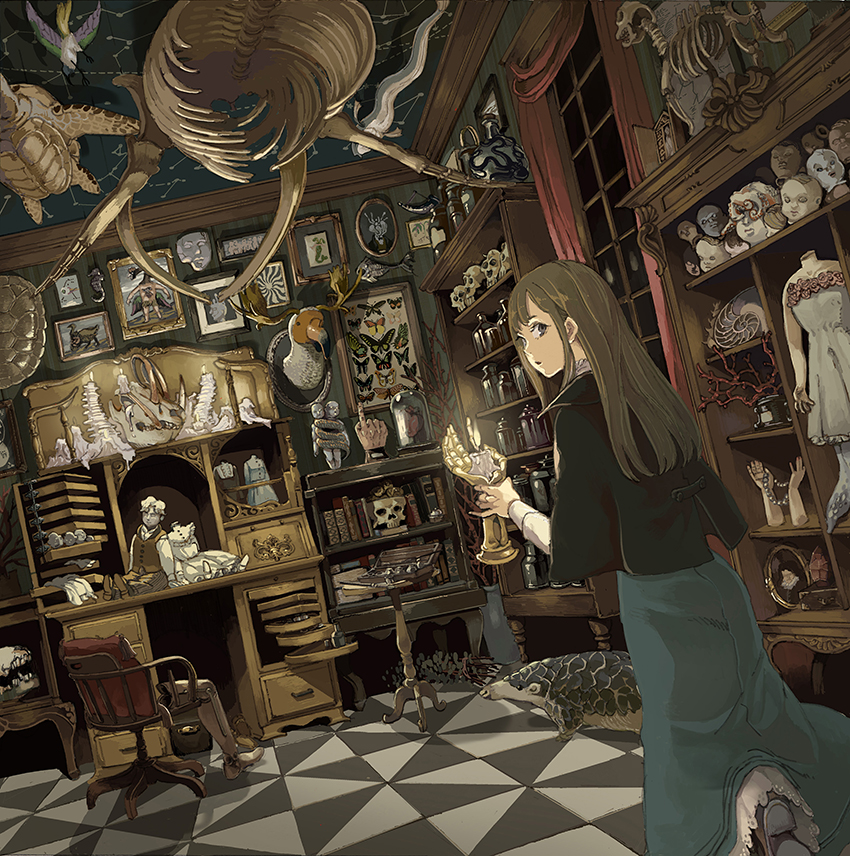 1girl album_cover animal animal_request antlers bird book bookshelf bottle brown_hair bug butterfly candle candlelight candlestand capelet chair commentary_request coral cover curtains desk dodo_(bird) doll doll_head drawer drawing_(object) dutch_angle fish framed_insect holding holding_candle horns indoors insect kinono long_hair long_skirt long_sleeves looking_at_viewer looking_back mannequin mask mechanical_legs night original parted_lips seahorse shelf shell single_mechanical_leg skeleton skirt skull table taxidermy turtle turtle_shell vase window