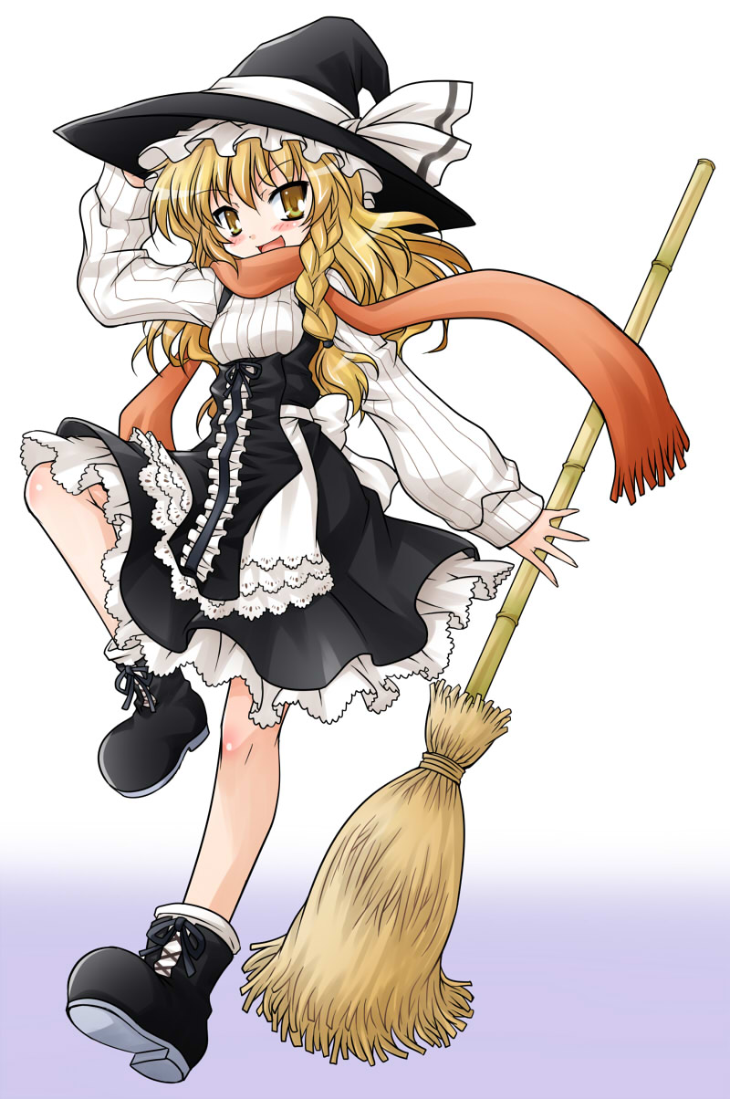 1girl adapted_costume akou_roushi bamboo_broom blonde_hair blush boots braid broom curiosities_of_lotus_asia female_focus hat highres kirisame_marisa long_hair orange_scarf ribbed_sweater scarf smile solo sweater touhou witch_hat yellow_eyes