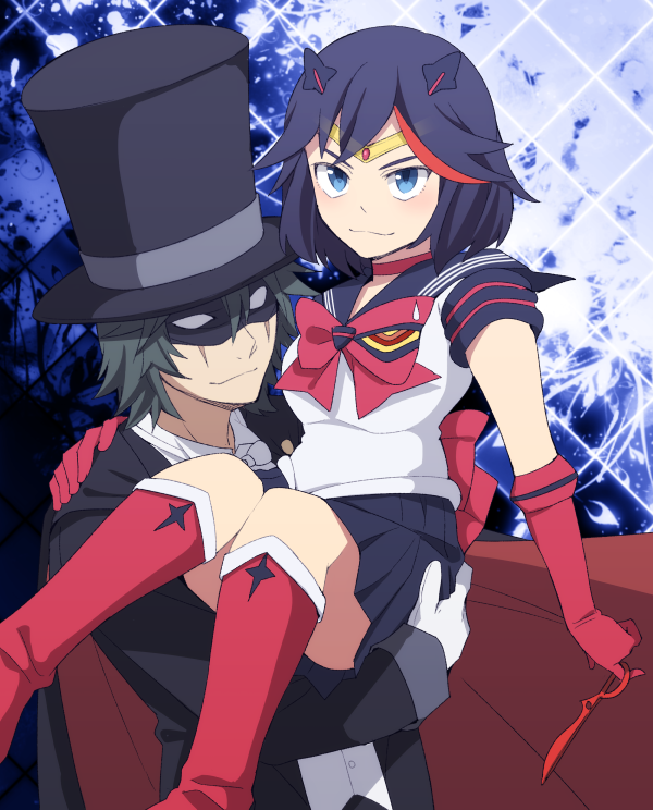 1boy 1girl bishoujo_senshi_sailor_moon black_hair blue_eyes boots bow carrying choker cosplay domino_mask elbow_gloves gloves green_hair hat itou_(mogura) kill_la_kill mask matoi_ryuuko princess_carry red_footwear red_gloves sailor_senshi sailor_senshi_(cosplay) sanageyama_uzu scar scissor_blade_(kill_la_kill) senketsu shoes short_hair skirt smile tiara top_hat tuxedo tuxedo_kamen tuxedo_kamen_(cosplay) unofficial_sailor_senshi_uniform