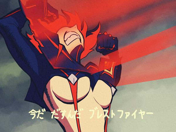 1970s_(style) 1girl black_hair breasts clenched_hand clenched_hands clenched_teeth female_focus kill_la_kill large_breasts matoi_ryuuko mazinger_(series) mazinger_z multicolored_hair oldschool parody red_hair retro_artstyle revealing_clothes senketsu short_hair simonori solo style_parody teeth two-tone_hair underboob