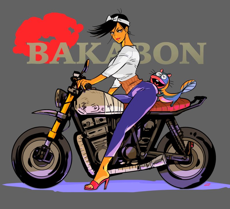 1girl bakabon&#039;s_father black_hair closed_mouth genderswap genderswap_(mtf) grey_background haramaki headband high_heels lipstick looking_at_viewer makeup matahei motor_vehicle motorcycle on_motorcycle riding shin&#039;ya!_tensai_bakabon simple_background smile tensai_bakabon unagi_inu