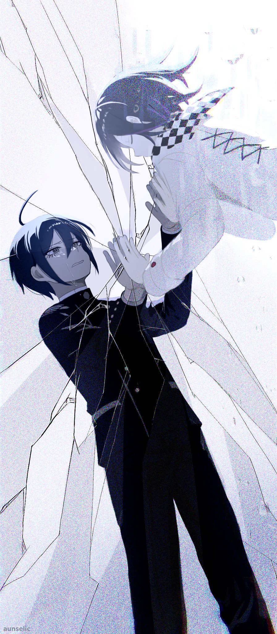 2boys ahoge artist_name auni black_hair black_jacket black_pants blue_theme checkered_clothes checkered_scarf closed_eyes crack cracked_glass cross-laced_clothes cross-laced_top crying crying_with_eyes_open danganronpa_(series) danganronpa_v3:_killing_harmony eyelashes film_grain flipped_hair floating from_side hair_between_eyes hashtag-only_commentary highres implied_death jacket long_sleeves male_focus multiple_boys muted_color oma_kokichi pale_skin pants perspective profile purple_hair reflection sad saihara_shuichi scarf short_hair simple_background standing static tears two-tone_scarf watermark yaoi
