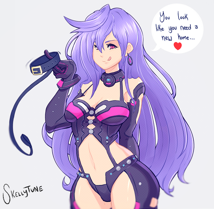 1girl animal_collar artist_name blue_hair breasts choker choujigen_game_neptune cleavage collar dominatrix earrings elbow_gloves english_text gloves hair_between_eyes heart holding holding_collar iris_heart jewelry kami_jigen_game_neptune_v large_breasts leash long_hair navel neptune_(series) pink_eyes power_symbol purple_hair pururut simple_background skellytune tongue tongue_out very_long_hair