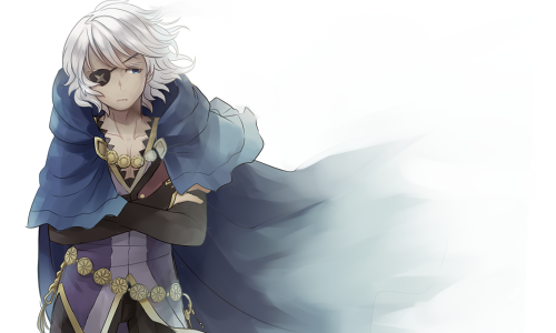 1boy blue_eyes blue_hood eyepatch fire_emblem fire_emblem_fates hair_between_eyes hood hood_down key keyring looking_to_the_side lowres male_focus niles_(fire_emblem) nintendo solo tefutene