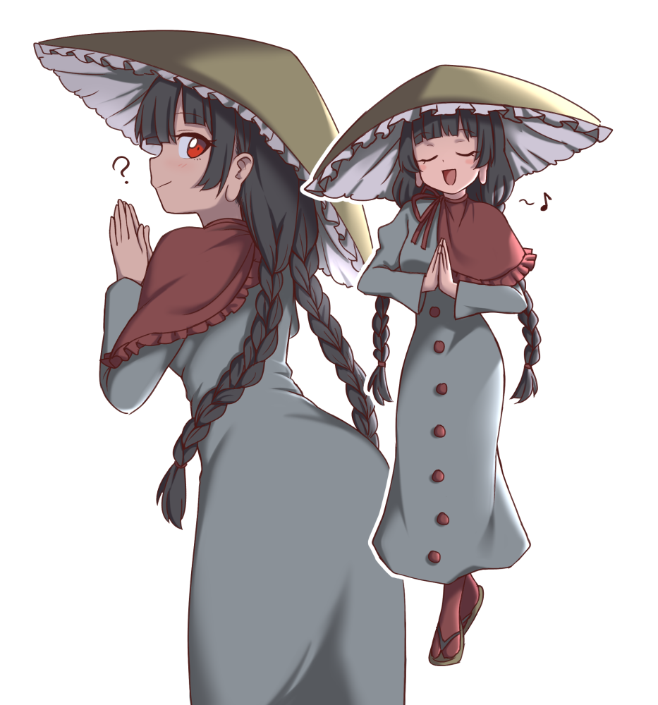 1girl ? ajirogasa black_hair braid hat red_eyes red_socks side_cape simple_background smile socks touhou twin_braids white_background wool_(miwol) yatadera_narumi