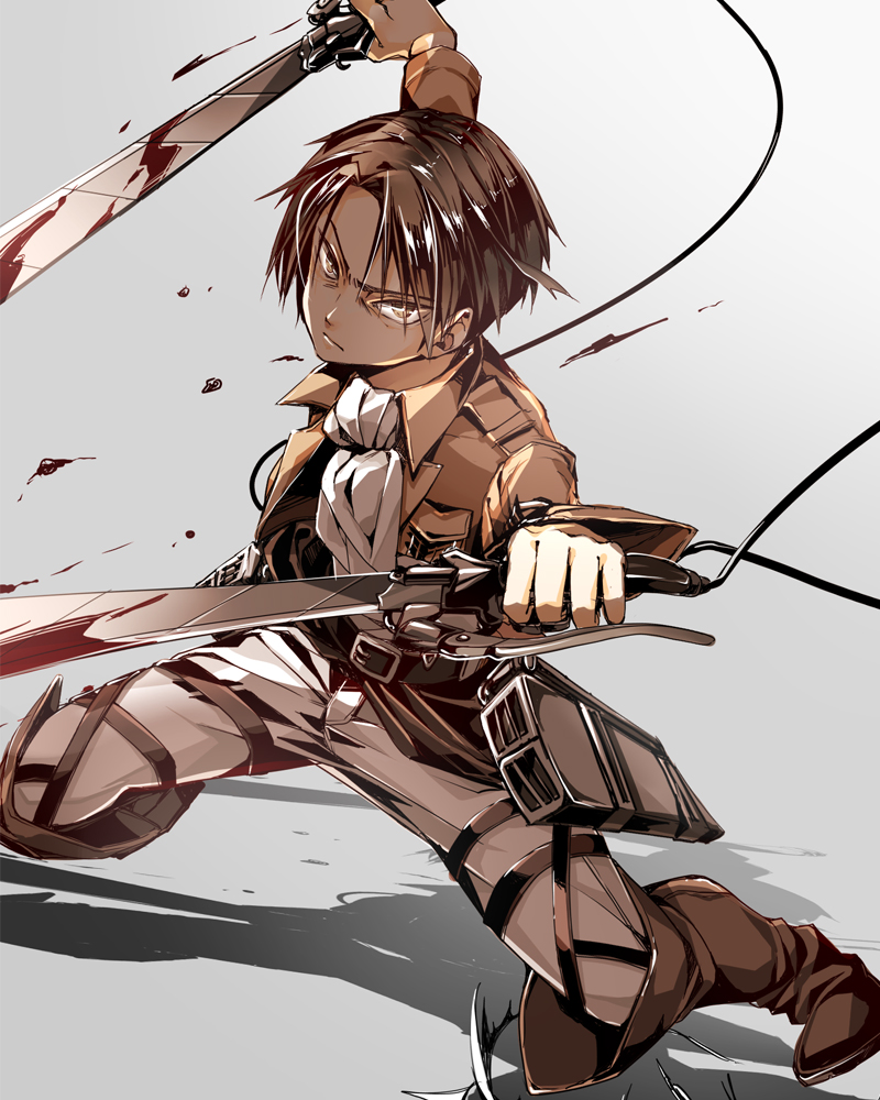 1boy 218 ascot belt blood boots dual_wielding holding jacket levi_(shingeki_no_kyojin) male_focus shingeki_no_kyojin solo sword thigh_strap three-dimensional_maneuver_gear weapon wire