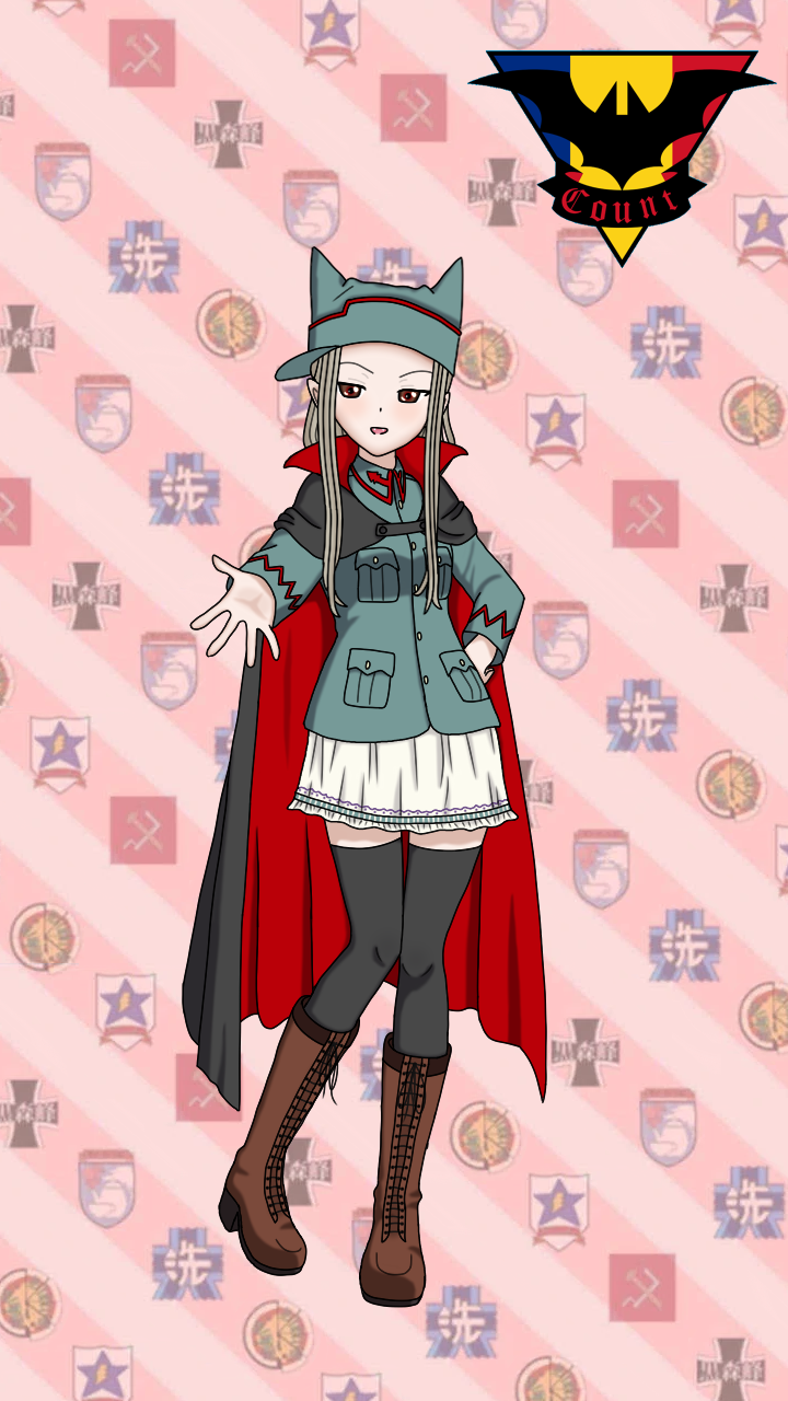 black_cape black_socks blue_hat blue_jacket boots brown_eyes brown_footwear cape count_(emblem) count_military_uniform girls_und_panzer girls_und_panzer_momi_no_ki_to_tetsu_no_hane_no_majo girls_und_panzer_senshadou_daisakusen! grey_hair hat highres jacket kneehighs lace-up_boots long_hair marina_constantinescu miniskirt open_mouth pointy_ears red_cape sharky_(sharkycast) skirt smile socks white_skirt