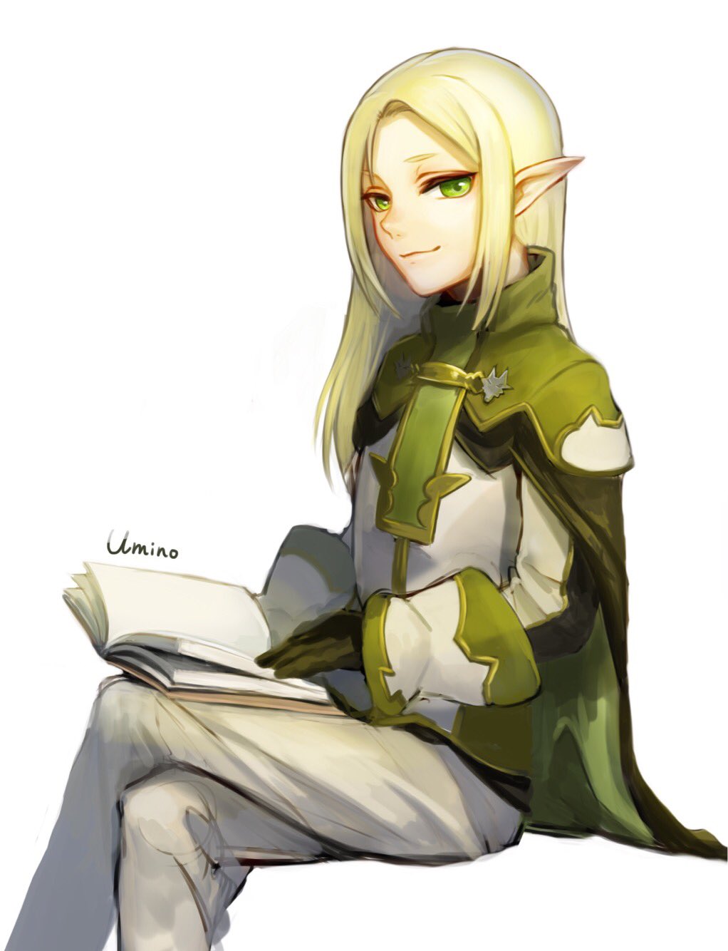 1boy artist_name bishounen blonde_hair book elf erik_burton gloves green_eyes highres long_hair looking_at_viewer male_focus pointy_ears pop-up_story simple_background smile solo umino_kiri white_background