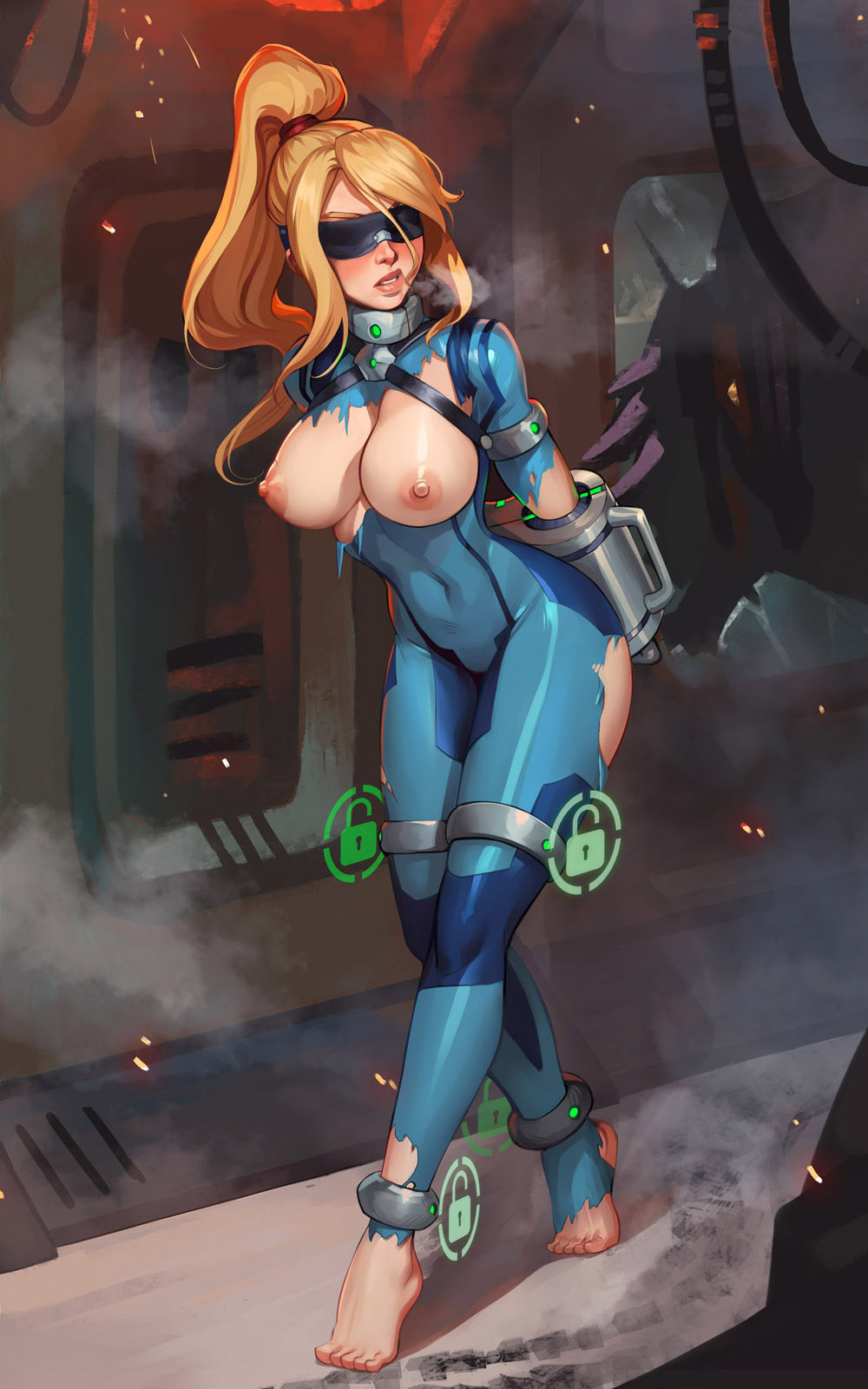 1boy 1girl ankle_cuffs arm_binder barefoot bdsm blindfold blonde_hair blue_bodysuit bodysuit bondage bound breasts breath chest_harness collar cuffs hallway handcuffs harness high_ponytail highres large_breasts lock long_hair metroid navel nintendo pale_skin ponytail ridley samus_aran sane-person science_fiction skin_tight slave sparks steam super_metroid technology tiptoes torn_bodysuit torn_clothes zero_suit