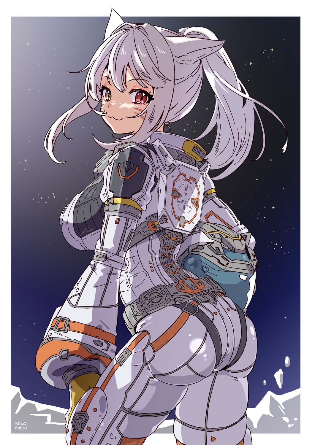 1girl animal_ears cat_ears cat_girl facial_mark final_fantasy final_fantasy_xiv from_behind helmet heterochromia highres holding holding_helmet lili_mdoki looking_at_viewer miqo&#039;te ponytail red_eyes solo spacesuit warrior_of_light_(ff14) whisker_markings white_hair yellow_eyes