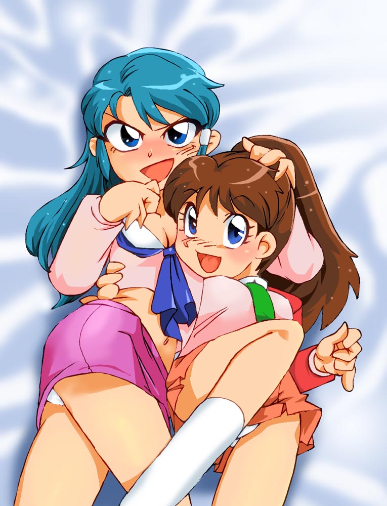 2girls blue_eyes brown_hair genji_tsuushin_agedama green_hair heike_ibuki kuki_rei multiple_girls panties underwear upskirt