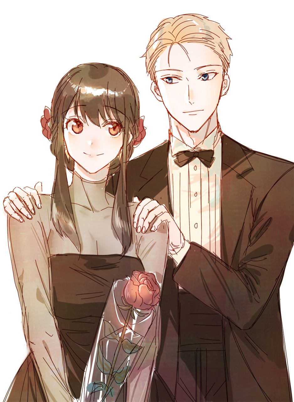 1boy 1girl black_bow black_bowtie black_dress black_hair black_pants black_suit blonde_hair blue_eyes bow bowtie breasts cleavage collarbone couple dashimakick dress dress_shirt facing_viewer flower formal_clothes hair_between_eyes hair_bun hair_flower hair_ornament hand_on_another&#039;s_shoulder highres holding holding_flower husband_and_wife long_hair looking_at_another mature_female mature_male pants red_eyes red_flower red_rose rose see-through_clothes see-through_dress shirt short_hair sidelocks simple_background smile spy_x_family suit twilight_(spy_x_family) white_background white_shirt yor_briar