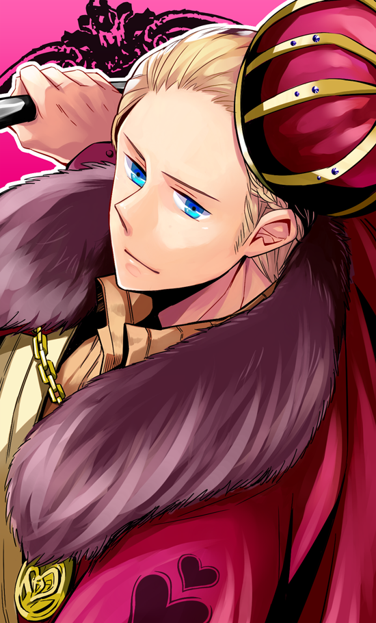 1boy arm_up axis_powers_hetalia blonde_hair blue_eyes braid cloak crown from_above fur germany_(hetalia) heart jewelry king male_focus mokuba_(mujo) outstretched_arm pendant pink_theme short_hair smile solo staff
