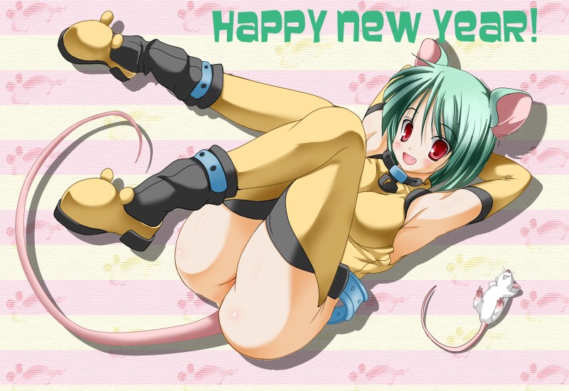 1girl 2000s_(style) :d animal animal_ears aqua_hair armpits arms_behind_head arms_up ashita_yaru ass belt black_socks black_thighhighs blue_belt bottomless breasts chinese_zodiac fang hair_between_eyes layered_legwear medium_breasts mouse_(animal) mouse_ears mouse_girl mouse_tail no_anus open_mouth original pink_tail red_eyes shirt shoes short_hair smile socks solo striped_background tail thighhighs thighs year_of_the_rat yellow_shirt yellow_shoes yellow_thighhighs