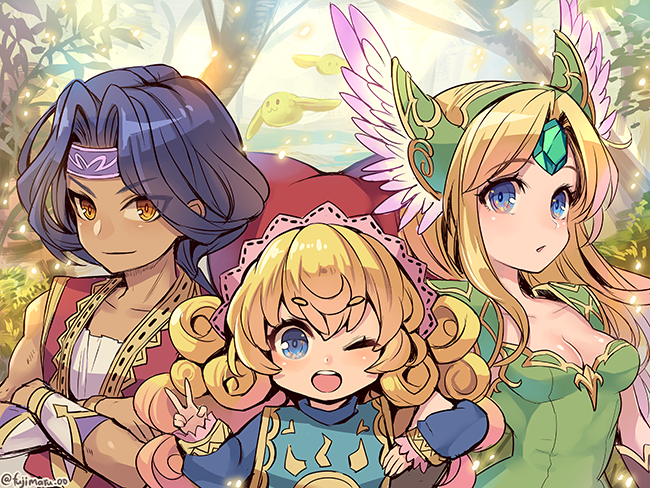 1boy 2girls ;d armor blonde_hair blue_eyes breasts charlotte_(seiken_densetsu_3) cleavage closed_mouth creature curly_hair dark-skinned_male dark_skin eyes_visible_through_hair forehead_jewel fujimaru_(green_sparrow) hair_between_eyes hair_intakes hat hawkeye_(seiken_densetsu_3) headband jester_cap locked_arms looking_at_viewer multiple_girls one_eye_closed open_mouth pauldrons plant purple_headband rabite_(seiken_densetsu) red_headwear riesz seiken_densetsu seiken_densetsu_3 shoulder_armor small_breasts smile tabard teeth tree twitter_username v